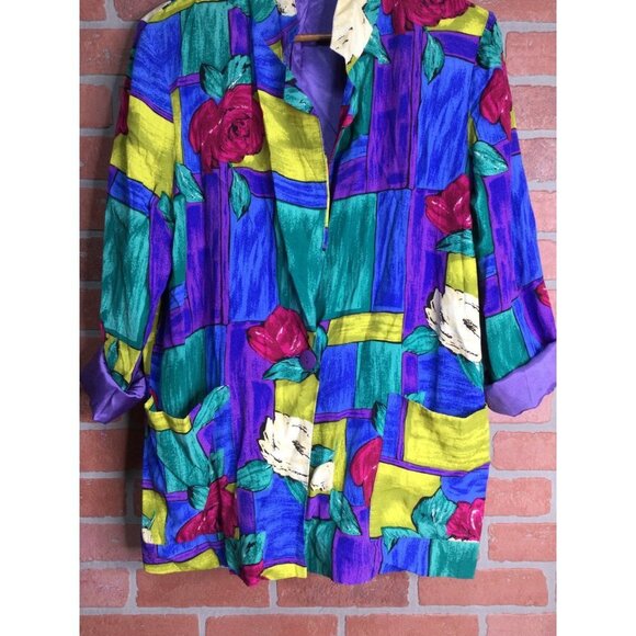 Vintage 80s Womens Blazer Vibrant Colorful Busy Print Shoulder Pads Size Large - Picture 4 of 10